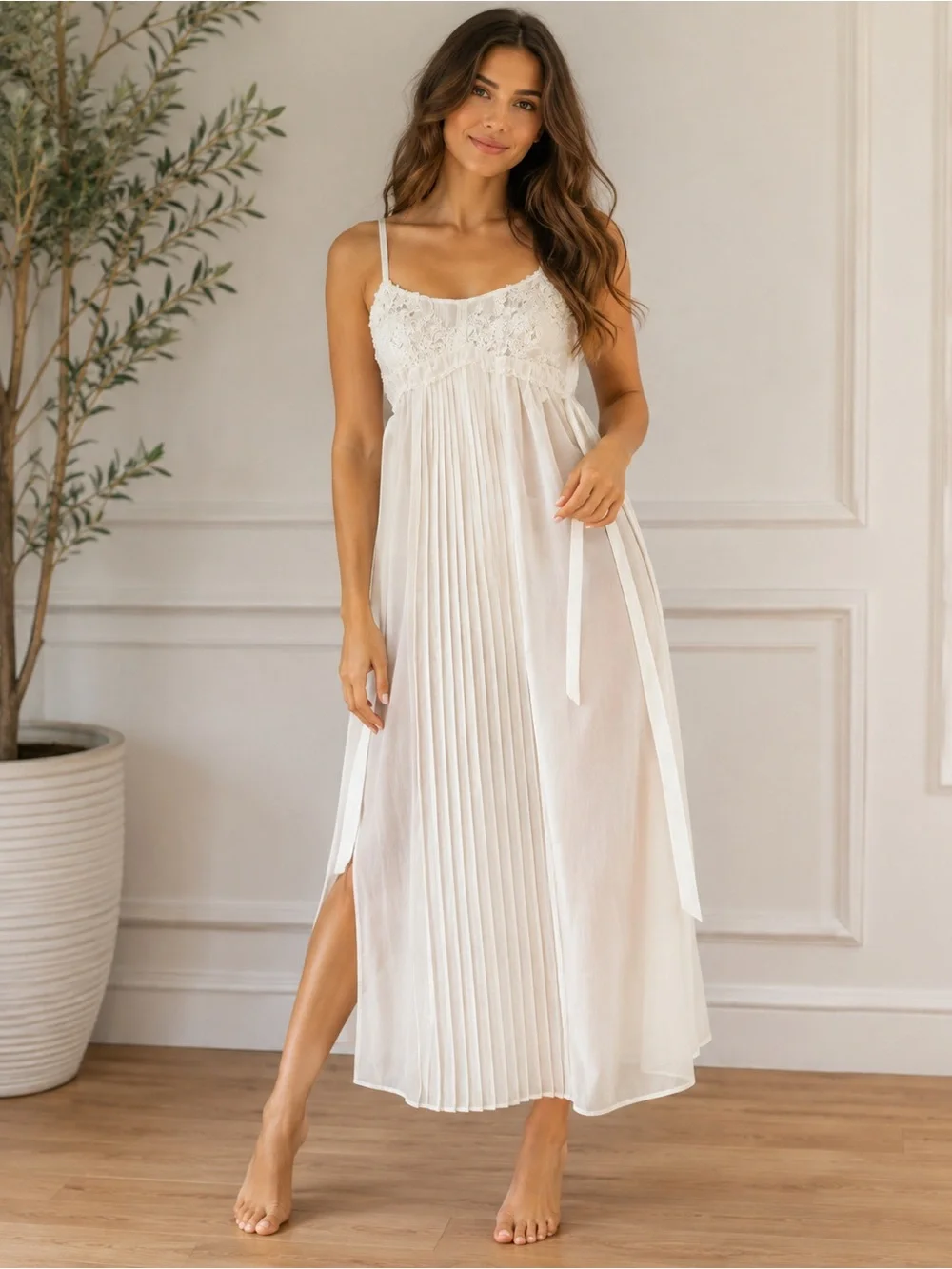 FLORA Lace-Trim White Pleated Chemise Slip - Women Intimates